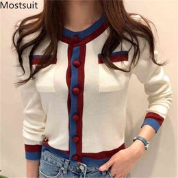 Autumn Korean Color-blocked Knitted Cardigans Sweaters Women Long Sleeve Single-breasted Pockets Fashion Ladies Tops Femme 210513