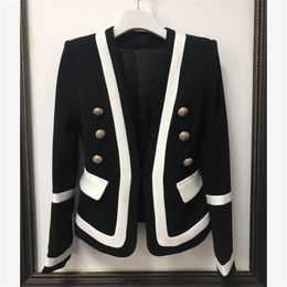 HIGH STREET Fashion Designer Blazer Women's Classic Black White Colour Block Metal Buttons Jacket Outer Wear 211122