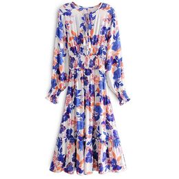 INSPIRED blue floral long dress V-neck tassle long sleeve autumn dress rayon casual elastic waist women dress new 210412