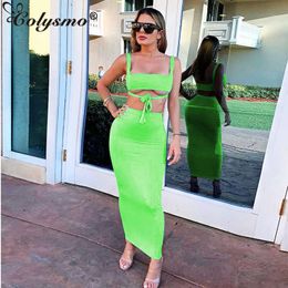 Colysmo Double Layers Lavender Two Piece Set Crop Top Long Skirt Summer Clothes For Women Sexy Club Outfits Neon Green 210527