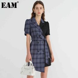 [EAM] Women Plaid Irregular Contrast Colour Sashes Blazer Dress Lapel Puff Short Sleeve Fit Fashion Spring Summer 1DD7996 21512