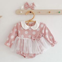 Spring Autumn Infant Baby Girls Dot Bowknot Rompers Hair Band Clothing Kids Girl Long Sleeve Clothes 210429