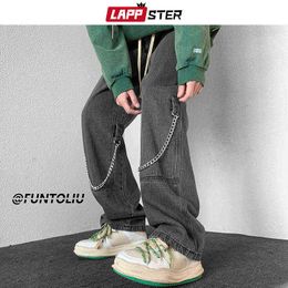 LAPPSTER Men Y2k Streetwear Baggy Jeans Ribbons 2022 Man Hip Hop High Waisted Overalls Streetewar Vintage Denim Trousers 0309