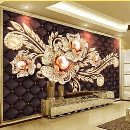 Custom Murals Wallpaper 3D Stereo Black Simple Jewellery Diamond Pearl Flower European Style Living Room TV Background Wall Papers 210722