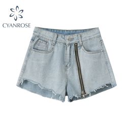 Summer Selling Women Denim Shorts Korean Streetwear Style High Waist Wide Leg Zipper Deaign Straight Jeans Lady 210515