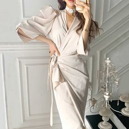 Korean Chic Temperament Elegant Apricot V-neck Cross Side Lace-up Waist Puff Sleeve Bag Hip Irregular Dress Women Vestido Retro 210610