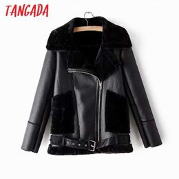 Tangada Women fur faux leather jacket coat with belt turn down collar Ladies Winter Thick Warm Black Oversized Coat AM10 210609