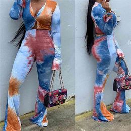Streetwear Tie-dye Printing Two Piece Suit Full Sleeve V-neck Button Crop + Flares Bodycon Female Matching Set Outfits Fall 210517