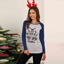 Autumn Winter Christmas Women T-shirts Fashion Letter Print O Neck Patchwork Long Sleeve Slim Tops Casual Holiday T-shirts Femme 210507