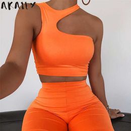 Akaily Summer Streetwear Solid 2 Two Piece Sets Women Outfits Asymmetrical Hollow Out Crop Top Bike Shorts Sets Tracksuits Women Y0702