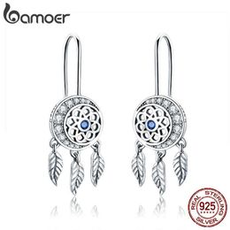 BAMOER 100% 925 Sterling Dream Catcher Drop Earrings Women Dazzling CZ Vintage Silver Jewellery Gift SCE497