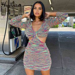 Hugcitar 2021 Women Fall Fashion Revealing Bodycon Tie Dye Long Sleeves Hollow Out Mini Dress Female Clothing Y2K Sexy Party Y1204