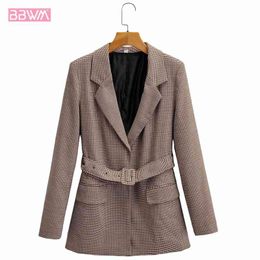Retro Houndstooth Slimming Waist Belt Mid-length Women's Coat Korean Version with Belt Long Sleeve Lapel Chic Female Jacket 210507
