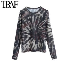 TRAF Women Sexy Fashion See Through Tie-dye Print Tulle Blouses Vintage O Neck Long Sleeve Female Shirts Chic Tops 210415