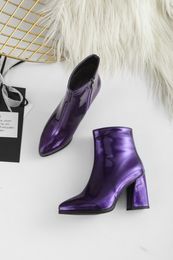 2022 New Sliver Gold Women Ankle Boots Pointed Toe Chunky High Heel Boots Mirror Metallic Women Pumps Female Sexy Stiletto Boots