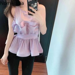 Nomikuma Korean Pleated Ruffle Patchwork Womens Tops Sleeveless V-neck Elegant Slim Waist Blouse Summer Blusas Shirt 6H389 210427