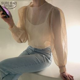 Mesh Top Micro-Penetration Tops Long Sleeve Women's Shirt See Through Sexy Blouse Women Vintage and 14339 210508