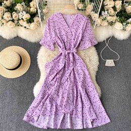 SINGREINY Irregular Ruffles Floral Dress Women V Neck Flare Sleeve Lace up A-line Dresses Summer Boho Print Holiday Beach Dress 210419