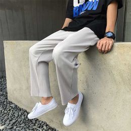 Pleated Straight Pants Men's Fashion Solid Colour Elastic Waist Casual Pants Men Streetwear Loose Japanese Trousers Mens 211110