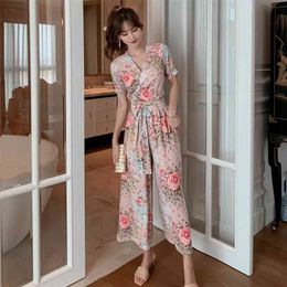 Chiffon two-piece summer women's short top high waist wide leg pants printing suit Office Lady Polyester V-Neck 210416