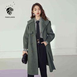 FANSILANEN Grey Long Elegant Wram Wool Coat Women Double Breasted Winter Coat Jacket Vintage Cashmere Female Trench Blend Coat 211118