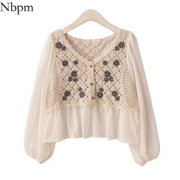 Nbpm Spring Women's Clothing Chiffon Shirt Daisy Embroidery Hollow Out Blouses Women's Long Sleeve Top Female Elegant 210529