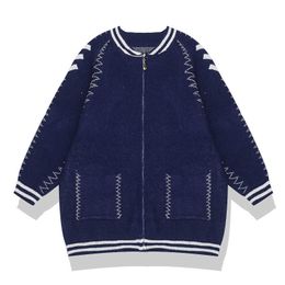 PERHAPS U Women Navy Apricot Red Patchwork Embroidery Zipper Pocket Knitted Loose Long Sweater Cardigans Crewneck Coat M0119 210529