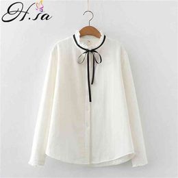 HSA Womens Tops Blouses Long Sleeve Spring Winter Ladies Solid Shirt Fleeced Loose Boyfriend Style White Bow Tie 210430