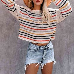 Foridol oversized stripe casual pullovers female off shoulder autumn winter short sweater black streetwear jumpers 210415