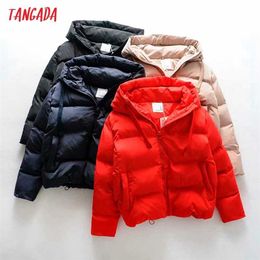 Tangada Women Solid Oversize Hood Parkas Thick Winter Zipper Pockets Female Warm Elegant Coat Jacket XE03 211008