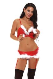 Christmas Red Three-point Deep V White Frayed Two-piece Lingerie Set For Ladies 211208