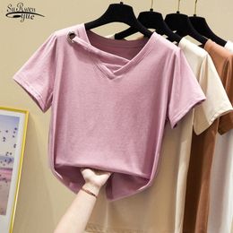 Summer Korean Style V-neck Women's Shirts Cotton Short Sleeve Blouse Women Solid Loose Pullover Lady Tops Clothing 9481 210427