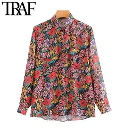 TRAF Women Sexy Fashion Floral Print Button-up Blouses Vintage Long Sleeve See Through Female Shirts Blusas Chic Tops 210415