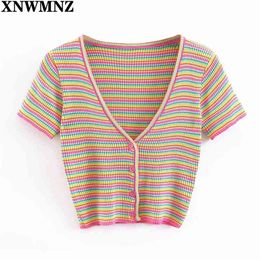 Women Striped Short Sleeve T-shirt Women's Casual V Neck Single Breasted Knitted T-Shirt Female Sexy Slim Crop Tops 210520