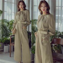 High Quality Spring Elegant Vintage Women O-Neck Wide Leg Jumpsuits Waist Casual Slim Work Wear Rompers With Belt 210519