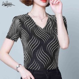 Summer Short Sleeve Thin T-shirt Women Casual Elastic V Neck Tops Fashion Striped Female Chemise Femme 14085 210508