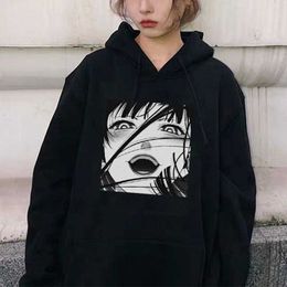 Japanese anime cartoon print Gothic Vintage ins casual Harajuku female plus size loose punk fun long-sleeved hooded sweatshirt 210608