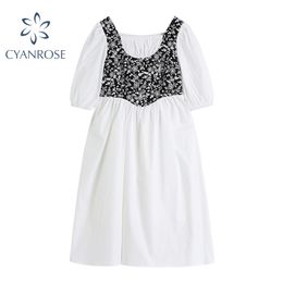 Women's Summer Vintage Spliced Dress Square Collar Loose Puff Short Sleeve French White Dresses Party Mori Girl Vestidos 210417