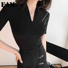 [EAM] Women Black Grey Simple Big Size Solid Colour T-shirt V Neck Short Sleeve Fashion Spring Summer 1DD5914 21512