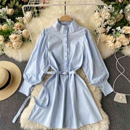 Simple Fashion Chic Women Shirt Dress Stand Collar Long Sleeve High Waist A-line Mini Robe Femme Vintage Vestidos 210514