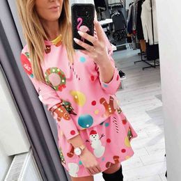 Women Christmas Cartoons Print Mini Dress O-neck Long Sleeve A-line New Year Dress Ladies Loose Casual Lovely Party Dress 210412