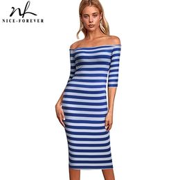 Nice-forever Summer Women Fashion Stripes Print Dresses Casual Sexy Off Shoulder Bodycon Tube Sheath Dress bty703 210419