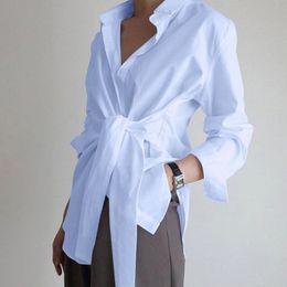 Summer New Fashion Women's Long-sleeved Shirt ZANZEA Casual Lace-up Shirt Elegant Lapel OL Asymmetric Top Summer 210419