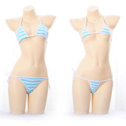 Japanese Lingerie Sexy Erotic Anime Miku Kawaii Mini Bikini Cosplay Blue White Striped Lolita Bra Women Underwear Set Bras Sets156H