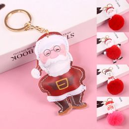 2021 New Winter Christmas Fur Ball Key Rings Environmentally Friendly Leather Santa Claus Plush Bag Keychain Women Jewellery Gift