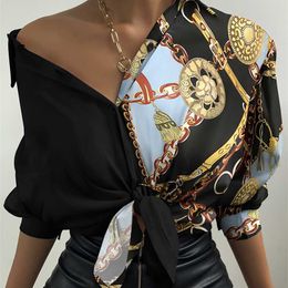 Women Spring Autumn Fashion Elegant Chain Print Button Design Lantern Sleeve Shirt Long Sexy Casual Blouse 211018