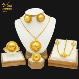 DubaiGold Plated African Jewellery Set Ethiopian Hair Chain Necklace Clip Ring Hairpin Bracelet Nigerian Wedding Sets For Women H1022