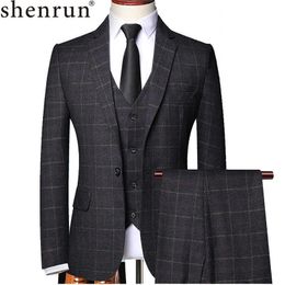 Shenrun Men 3 Pieces Suit Spring Autumn Plaid Slim Fit Business Formal Casual Cheque Suits Office Work Party Prom Wedding Groom X0608