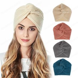 Solid Colour Autumn Winter Hats For Women Beanies Cotton Knitted Turban Warm Hat Elastic Wool Cross Wrap Head Cap