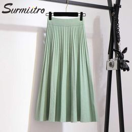 SURMIITRO Super Quality Autumn Winter Women Korean Green Black Knitted High Waist Midi Long Pleated Skirt Female WSKR909 210712